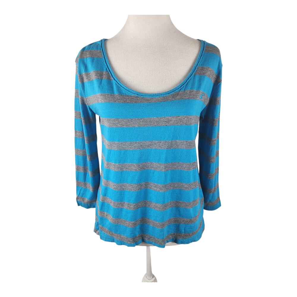 Vintage Y2K Hollister Twilightcore Blue Metallic Silver Stripe 3/4 Sleeve Top M